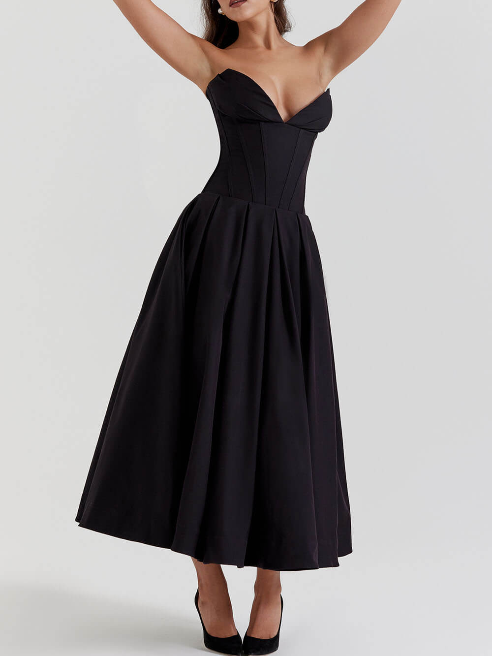 Hanne | Elegante Zwarte strapless midi jurk