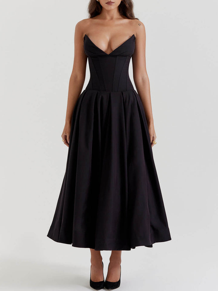 Hanne | Elegante Zwarte strapless midi jurk