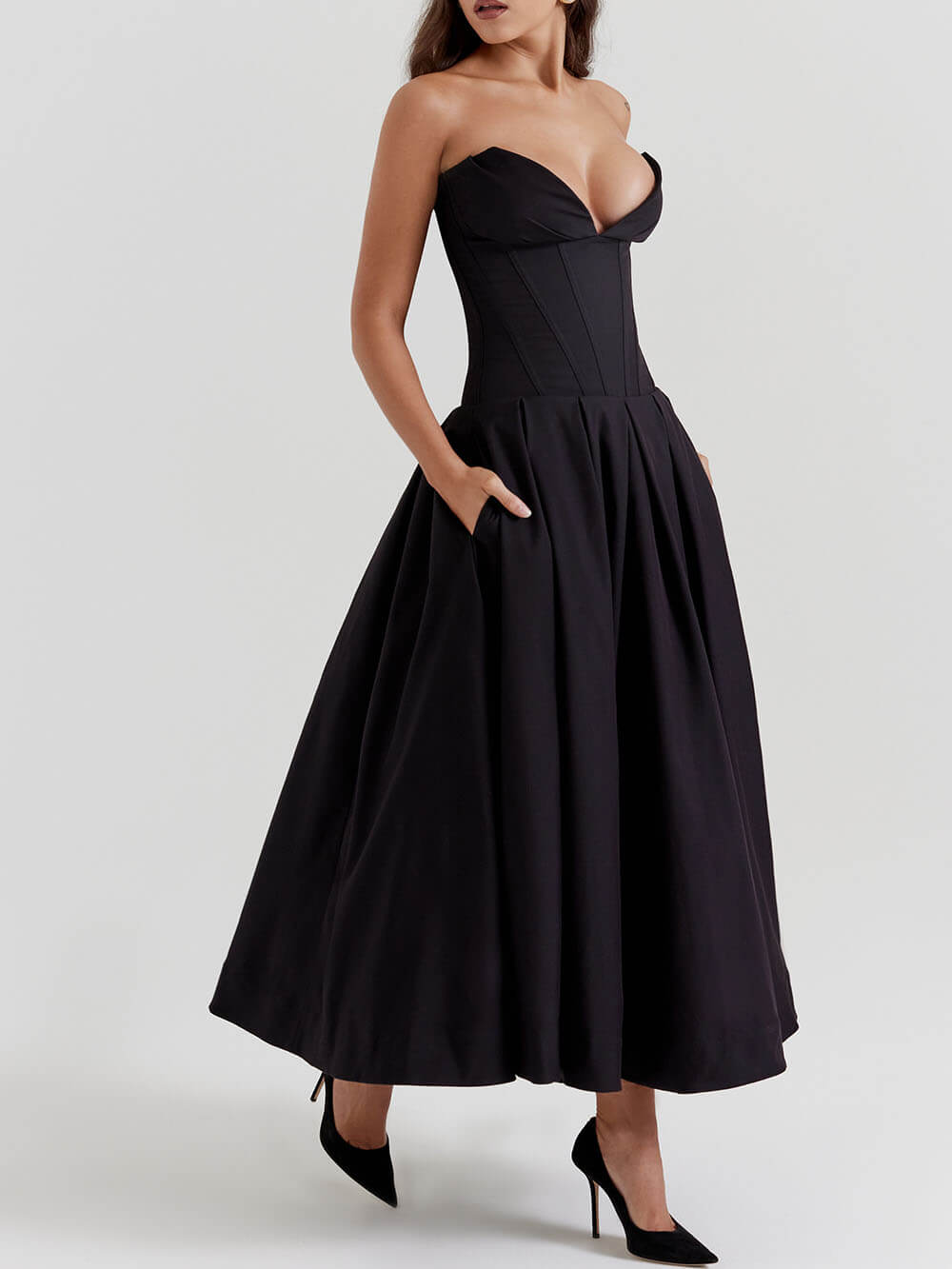 Hanne | Elegante Zwarte strapless midi jurk