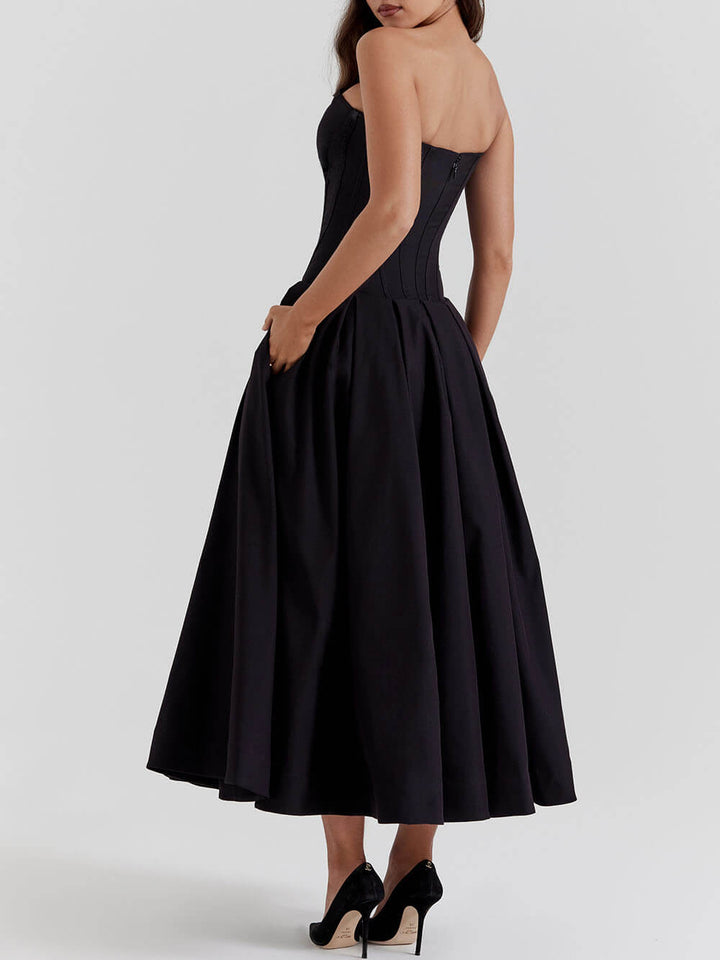 Puk | Elegante Zwarte strapless midi jurk